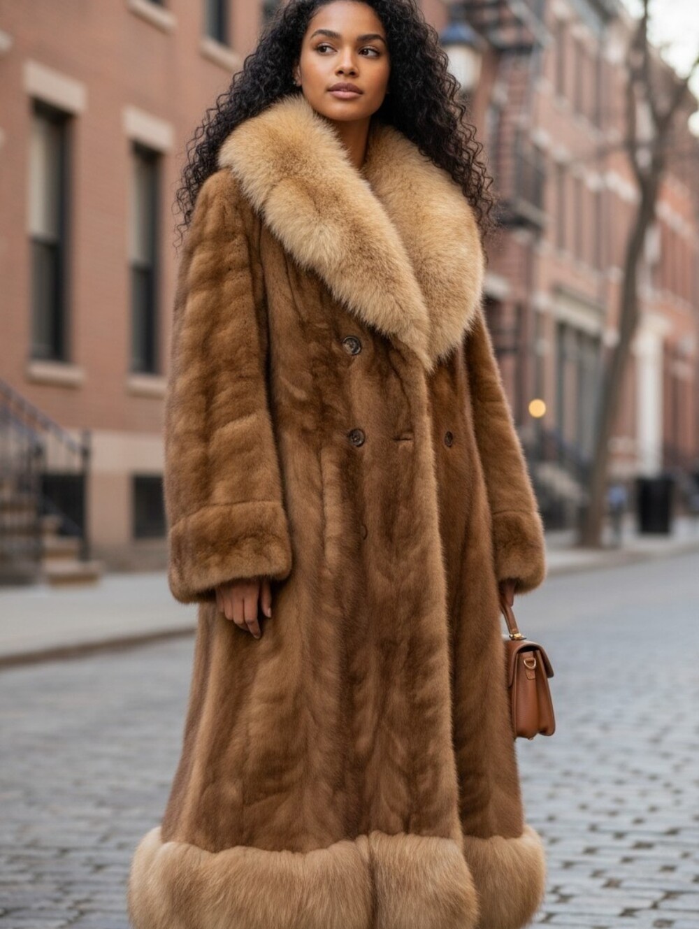 Vintage Maurice Roger Fur Coat – Luxury Full Length Brown Fur Coat with Fox Trim